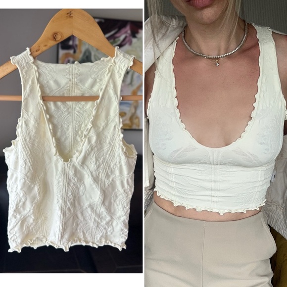 Free People Here For You Seamless Lettuce Trimmed Cropped Cami Top Ivory M/L - Picture 1 of 5